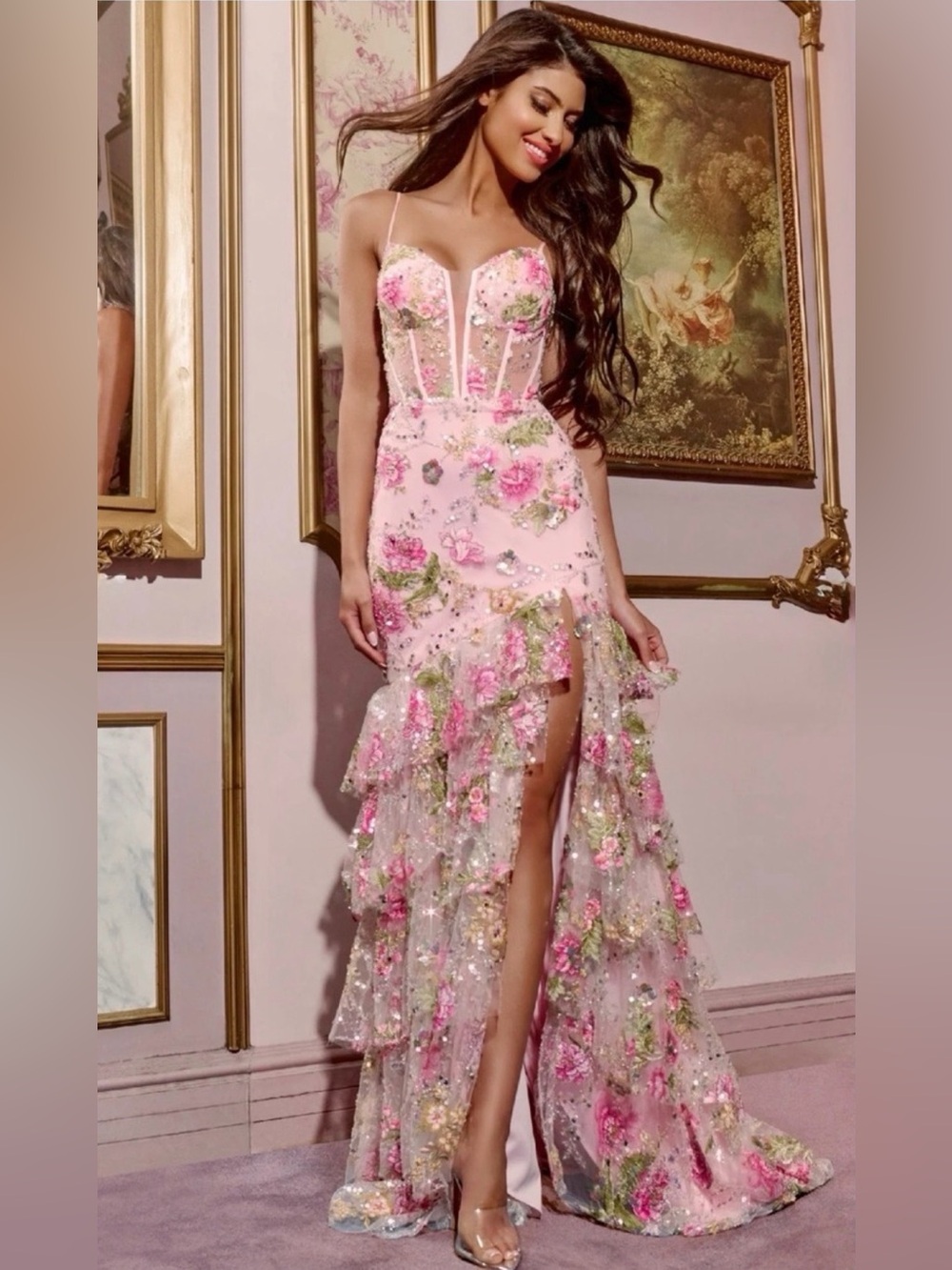 Blush Pink Floral Embroidered Ruffled Prom Gown